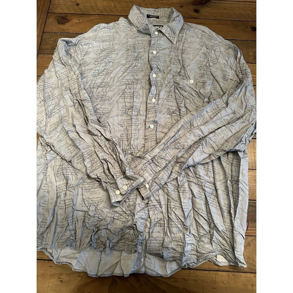 Fubu Shirt Mens XL Gray 100% Rayon Logo AOP Silky Button Up Y2K